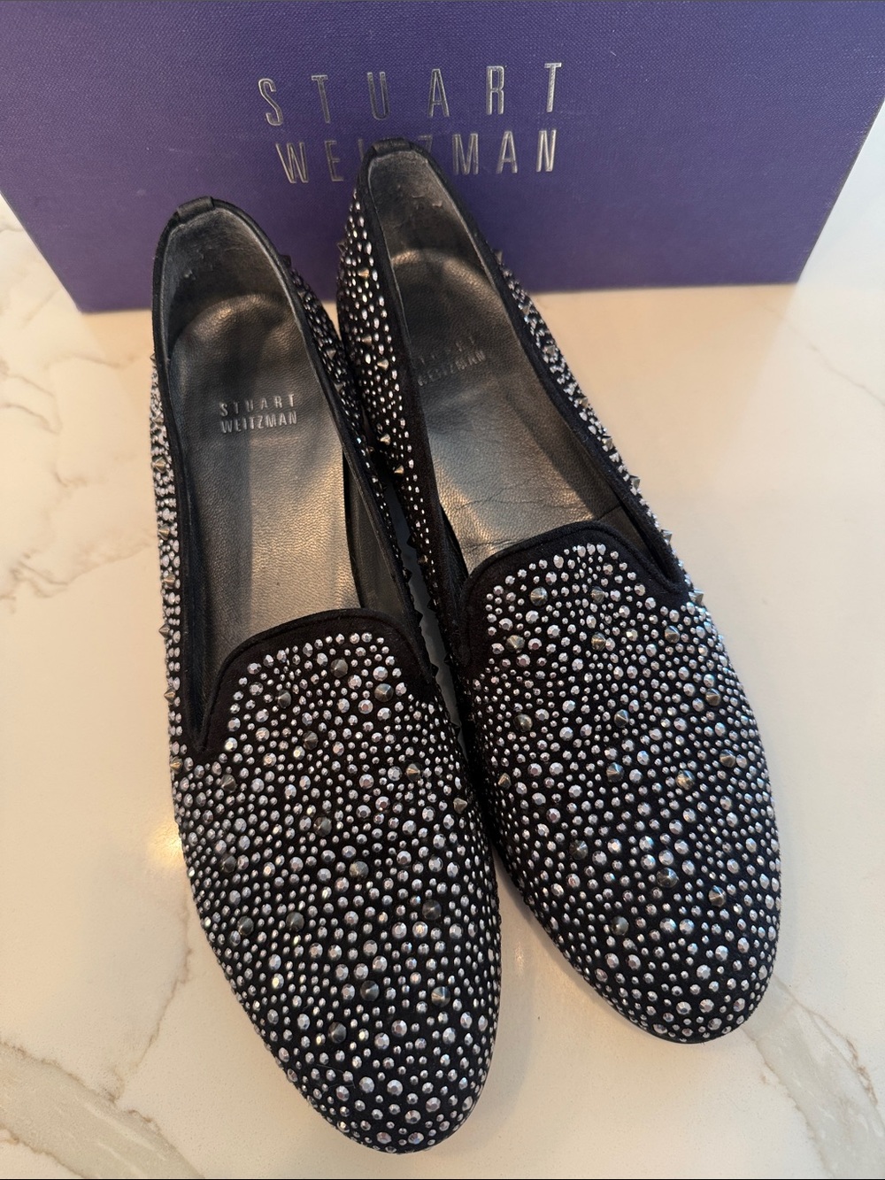 Stuart Weitzman Black Crystal Embellished Slipbead Loafers Size 9 Excellent